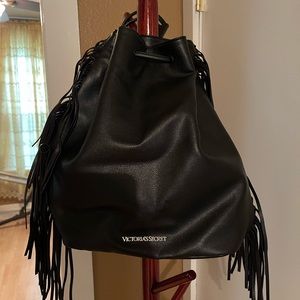Victorias Secret Black Fringe Backpack Rucksack Cinch Bag Western Boho